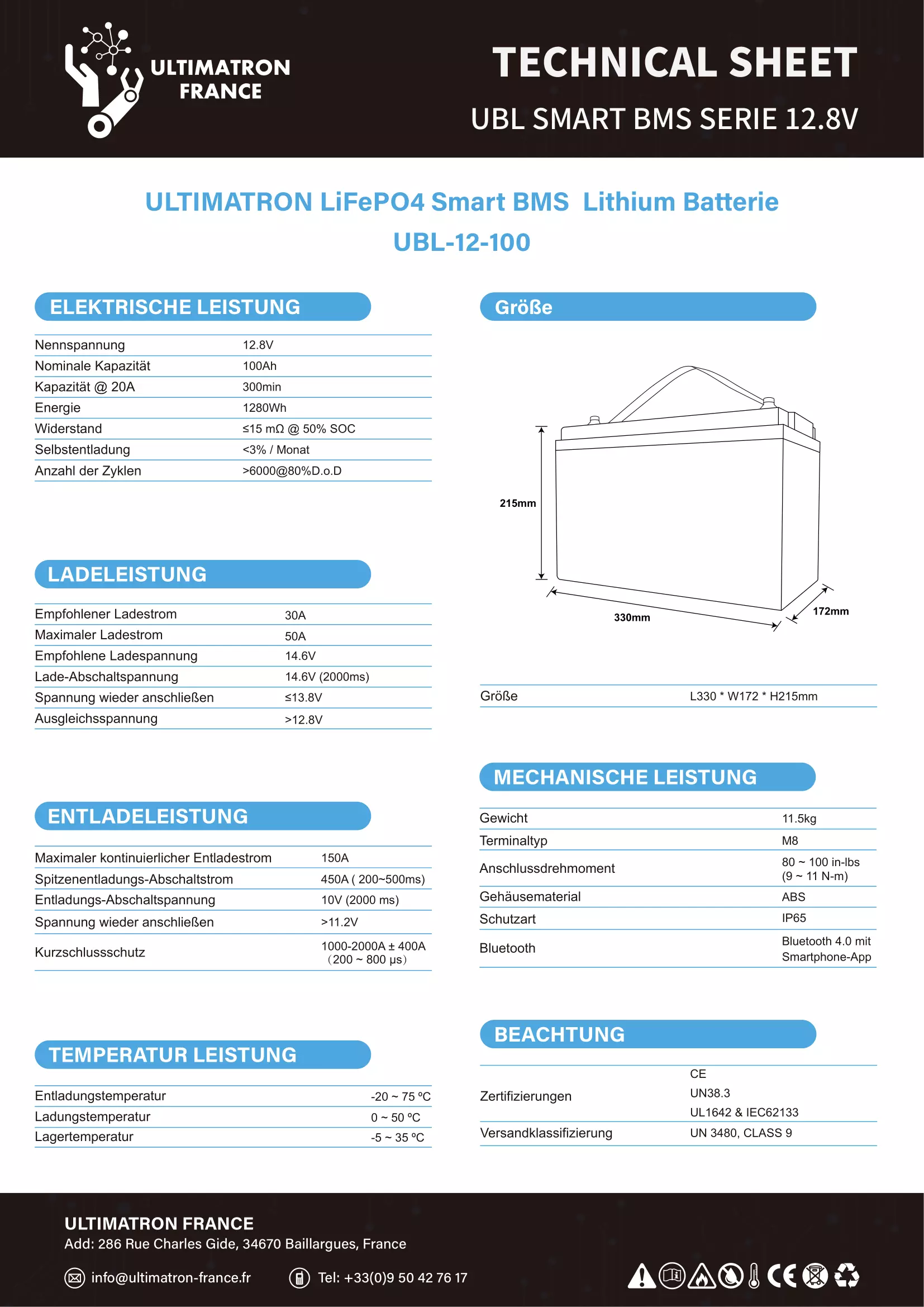 Ultimatron 12V 54Ah, 100Ah oder 200Ah Lithium LiFePO4 Batterie mit