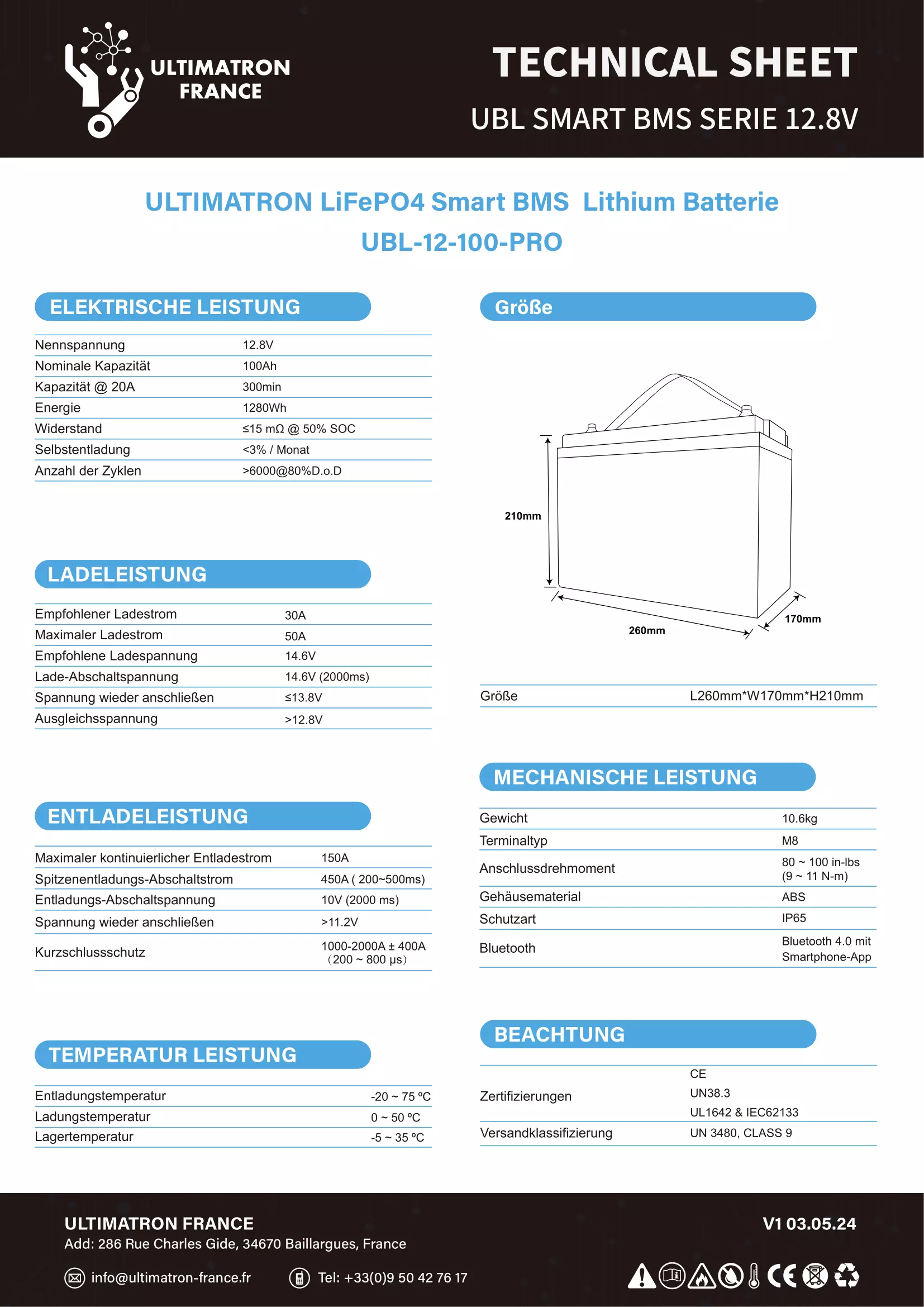 UBL-12-100-PRO-Datenblatt Ultimatron 12.8V 100Ah-PRO-DE-2